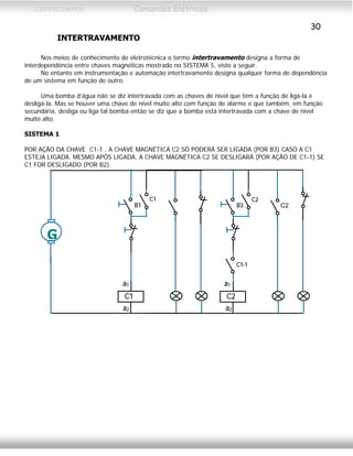 CEFETCAMPOS Comandos Elétricos
30
INTERTRAVAMENTO
Nos meios de conhecimento de eletrotécnica o termo intertravamento designa a forma de
interdependência entre chaves magnéticas mostrado no SISTEMA 5, visto a seguir.
No entanto em instrumentação e automação intertravamento designa qualquer forma de dependência
de um sistema em função de outro.
Uma bomba d’água não se diz intertravada com as chaves de nível que têm a função de ligá-la e
desligá-la. Mas se houver uma chave de nível muito alto com função de alarme e que também, em função
secundária, desliga ou liga tal bomba então se diz que a bomba está intertravada com a chave de nível
muito alto.
SISTEMA 1
POR AÇÃO DA CHAVE C1-1 , A CHAVE MAGNÉTICA C2 SÓ PODERÁ SER LIGADA (POR B3) CASO A C1
ESTEJA LIGADA. MESMO APÓS LIGADA, A CHAVE MAGNÉTICA C2 SE DESLIGARÁ (POR AÇÃO DE C1-1) SE
C1 FOR DESLIGADO (POR B2).
G
a2
a1
C1
C1
B1
a2
a1
C2
C2
C2
B3
C1-1
MAURÍCIO FRANCO 2001
 