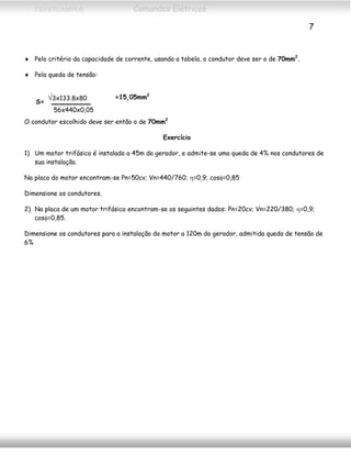 CEFETCAMPOS Comandos Elétricos
7
♦ Pelo critério da capacidade de corrente, usando a tabela, o condutor deve ser o de 70mm2
.
♦ Pela queda de tensão:
√3x133.8x80
56x440x0,05
S=
=15,05mm2
O condutor escolhido deve ser então o de 70mm2
Exercício
1) Um motor trifásico é instalado a 45m do gerador, e admite-se uma queda de 4% nos condutores de
sua instalação.
Na placa do motor encontram-se Pn=50cv; Vn=440/760; η=0,9; cosφ=0,85
Dimensione os condutores.
2) Na placa de um motor trifásico encontram-se os seguintes dados: Pn=20cv; Vn=220/380; η=0,9;
cosφ=0,85.
Dimensione os condutores para a instalação do motor a 120m do gerador, admitida queda de tensão de
6%
MAURÍCIO FRANCO 2001
 
