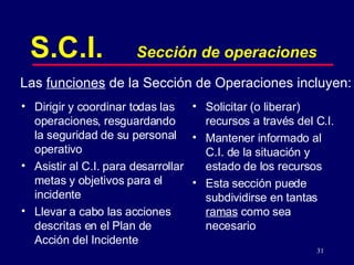 31
S.C.I. Sección de operaciones
• Dirigir y coordinar todas las
operaciones, resguardando
la seguridad de su personal
operativo
• Asistir al C.I. para desarrollar
metas y objetivos para el
incidente
• Llevar a cabo las acciones
descritas en el Plan de
Acción del Incidente
Las funciones de la Sección de Operaciones incluyen:
• Solicitar (o liberar)
recursos a través del C.I.
• Mantener informado al
C.I. de la situación y
estado de los recursos
• Esta sección puede
subdividirse en tantas
ramas como sea
necesario
 