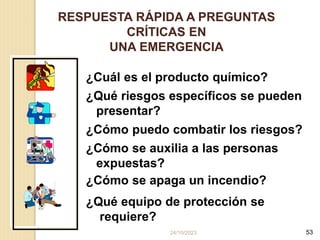24/10/2023 53
RESPUESTA RÁPIDA A PREGUNTAS
CRÍTICAS EN
UNA EMERGENCIA
¿Cuál es el producto químico?
¿Qué riesgos específicos se pueden
presentar?
¿Cómo puedo combatir los riesgos?
¿Cómo se auxilia a las personas
expuestas?
¿Cómo se apaga un incendio?
¿Qué equipo de protección se
requiere?
 