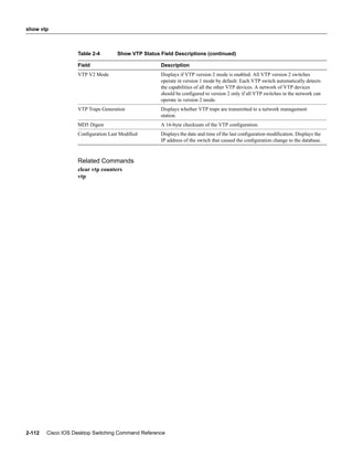 show vtp



                   Table 2-4       Show VTP Status Field Descriptions (continued)

                   Field                           Description
                   VTP V2 Mode                     Displays if VTP version 2 mode is enabled. All VTP version 2 switches
                                                   operate in version 1 mode by default. Each VTP switch automatically detects
                                                   the capabilities of all the other VTP devices. A network of VTP devices
                                                   should be conﬁgured to version 2 only if all VTP switches in the network can
                                                   operate in version 2 mode.
                   VTP Traps Generation            Displays whether VTP traps are transmitted to a network management
                                                   station.
                   MD5 Digest                      A 16-byte checksum of the VTP conﬁguration.
                   Conﬁguration Last Modiﬁed       Displays the date and time of the last conﬁguration modiﬁcation. Displays the
                                                   IP address of the switch that caused the conﬁguration change to the database.



                   Related Commands
                   clear vtp counters
                   vtp




2-112   Cisco IOS Desktop Switching Command Reference
 