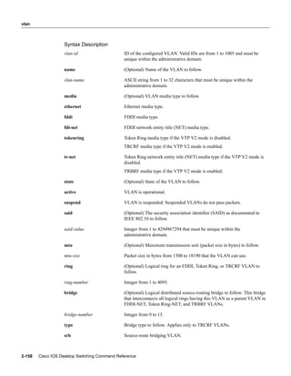 vlan



                   Syntax Description
                   vlan-id                     ID of the conﬁgured VLAN. Valid IDs are from 1 to 1005 and must be
                                               unique within the administrative domain.

                   name                        (Optional) Name of the VLAN to follow.

                   vlan-name                   ASCII string from 1 to 32 characters that must be unique within the
                                               administrative domain.

                   media                       (Optional) VLAN media type to follow.

                   ethernet                    Ethernet media type.

                   fddi                        FDDI media type.

                   fdi-net                     FDDI network entity title (NET) media type.

                   tokenring                   Token Ring media type if the VTP V2 mode is disabled.
                                               TRCRF media type if the VTP V2 mode is enabled.

                   tr-net                      Token Ring network entity title (NET) media type if the VTP V2 mode is
                                               disabled.
                                               TRBRF media type if the VTP V2 mode is enabled.

                   state                       (Optional) State of the VLAN to follow.

                   active                      VLAN is operational.

                   suspend                     VLAN is suspended. Suspended VLANs do not pass packets.

                   said                        (Optional) The security association identiﬁer (SAID) as documented in
                                               IEEE 802.10 to follow.

                   said-value                  Integer from 1 to 4294967294 that must be unique within the
                                               administrative domain.

                   mtu                         (Optional) Maximum transmission unit (packet size in bytes) to follow.

                   mtu-size                    Packet size in bytes from 1500 to 18190 that the VLAN can use.

                   ring                        (Optional) Logical ring for an FDDI, Token Ring, or TRCRF VLAN to
                                               follow.

                   ring-number                 Integer from 1 to 4095.

                   bridge                      (Optional) Logical distributed source-routing bridge to follow. This bridge
                                               that interconnects all logical rings having this VLAN as a parent VLAN in
                                               FDDI-NET, Token Ring-NET, and TRBRF VLANs.

                   bridge-number               Integer from 0 to 15.

                   type                        Bridge type to follow. Applies only to TRCRF VLANs.

                   srb                         Source-route bridging VLAN.



2-158   Cisco IOS Desktop Switching Command Reference
 