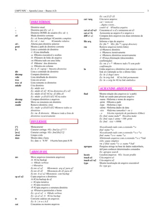 LMPT/NPC – Apostila Linux – Bueno.A.D.                                                                                      3

                                                                           Ex: cat f1 f2>f3
                                                            cat >arq       Cria novo arquivo:
              DIRETÓRIOS                                                   cat > texto.txt
                                                                           ...digita o texto...
.             Diretório atual                                              contrl+d #Finaliza arquivo
..            Diretório pai (Ex: cd ..)                     cat a1 a2>a3   Concatena a1 e a2 e armazena em a3
~             Diretório HOME do usuário (Ex: cd ~)          cat a>>b       Acrescenta ao arquivo b o arquivo a
cd            Muda diretório corrente                       diff a1 a2     Compara dois arquivos (ou duas estruturas de
              Ex: cd /home/philippi #Caminho completo                      diretórios)
              Ex: cd ../../usr       #Caminho relativo      file arq       Informa o tipo de arquivo
cd -          Alterna para diretório anterior                              Ex: file * #Ex: file * | egrep directory
pwd           Mostra a path do diretório corrente           rm             Remove arquivos (retira links)
ls            Lista o conteúdo do diretório                                -d #Remove diretório
              -l #Lista detalhada                                          -i #Remove iterativamente
              -a #Mostra executável e ocultos                              -r #Remove diretórios recursivamente
              -b #Número de links do arquivo                               -f #Força eliminação (desconsidera
              -m #Mostra tudo em uma linha                                 confirmação)
              -F #Mostra  dos diretorios                                  Ex: rm -f -r * #Remove tudo (*) sem pedir
              -x #Mostra em colunas                                        confirmação
              Ex: ls -F | egrep / #mostra diretorios        ln             Linka arquivos e diretórios (um arquivo com
dir           Lista o conteúdo do diretório                                link só é deletado se for o último link)
dircmp        Compara diretórios                                           Ex: ln -f chap1 intro
vdir          Lista detalhada do diretório                                 Ex: ln orig link #Cria link permanente
tree          Lista em arvore                                              Ex: ln -s orig lin #Cria link simbolico
tree -d       Lista somente os diretorios
mkdir         Cria diretório
              Ex: mkdir test                                               ACHANDO ARQUIVOS
              Ex: mkdir d1 d2 #Cria diretorios d1 e d2
              Ex: mkdir d1/d2 #Cria d2 filho d1             find           Mostra relação dos arquivos (c/ a path)
              Ex: mkdir -p d3/d31/d32 #Cria todos                          Pode ser usado para procura arquivo
dircmp        Compara diretórios e arquivos                                -name #Informa o nome do arquivo
mvdir         Move ou renomeia um diretório                                -print #Mostra a path
rmdir         Remove diretório. (rm)                                       -type #Informa o tipo
              Ex: rmdir -p d3/d31/d32 #Remove todos os                     -atime #Informa dados de data
              diretórios                                                   -size #Informa tamanho(+ ou -)
              Ex: rm -R diretorio #Remove toda a lista de                  -o      #Aceita repetição de parâmetro (Other)
              diretórios recursivamente                                    Ex: find -name make* #localiza make
                                                                           Ex: find -type f -atime +100 -print
              DIVERSOS                                                     Ex: find . -size +1000k

[*]           Metacaracter                                                 #Localizando tudo com a extensão *.o
[?]           Caracter coringa #Ex: find [a-c]????                         find -name *.o
[a-c]         Caracter coringa #Ex: find file[12]                          #Localizando tudo com a extensão *.o e *.a
clear         Limpa a tela                                                 find -name *.o-o -name *.a
date          Mostra data e hora.                                          #Deletendo arquivos com a extensão *.o e *.bak
              Ex: date -s ¨8:50¨ #Acerta hora para 8:50                    (obs: aspas simples)
                                                                           rm -f 'find -name *.o -o -name *.bak'
                                                            apropos        Pesquisa strings na base de dados makewhatis,
                                                                           útil para conhecer determinados comandos
              ARQUIVOS                                                     Ex: apropos search
                                                            locate         Localiza arquivos #Ex: locate profile
mv            Move arquivos (renomeia arquivos)             touch a1       Cria arquivo a1
              -b #Cria backup                               touch a1>a2    Cria arquivo a2
              -v #Modo verbose                              type           Mostra localização do arquivo executável
              - i #Iterativa                                               Ex: type gcc
              Ex:mv a1 a2       #Renomeia arq a1 para a2
              Ex:mv d1 d2       #Renomeia dir d1 para d2
              Ex:mv -b a1 a2 #Renomeia com backup
cp a1 a2      Copia arquivos e diretórios
              -b #Cria backup de a2
              -i #Copia iterativa
              -r #Copia recursiva
              -P #Copia arquivo e estrutura diretório
              -p #Preserva permissões e horas
              Ex: cp a1 a2 -v #Modo verbose
              Ex: cp a1 a2 -b #Cria backup
tr            Converte cadeias em arquivos
              Ex: ls | tr a-z A-Z
cat           Concatena ou mostra arquivos
 