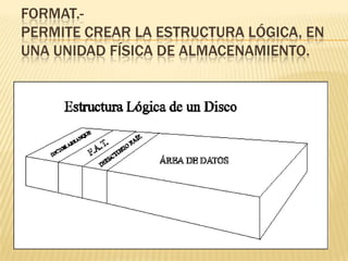 FORMAT.-
PERMITE CREAR LA ESTRUCTURA LÓGICA, EN
UNA UNIDAD FÍSICA DE ALMACENAMIENTO.
 
