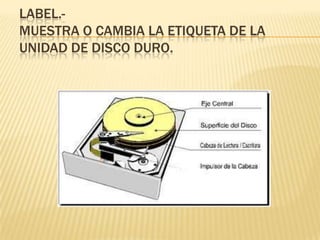 LABEL.-
MUESTRA O CAMBIA LA ETIQUETA DE LA
UNIDAD DE DISCO DURO.
 