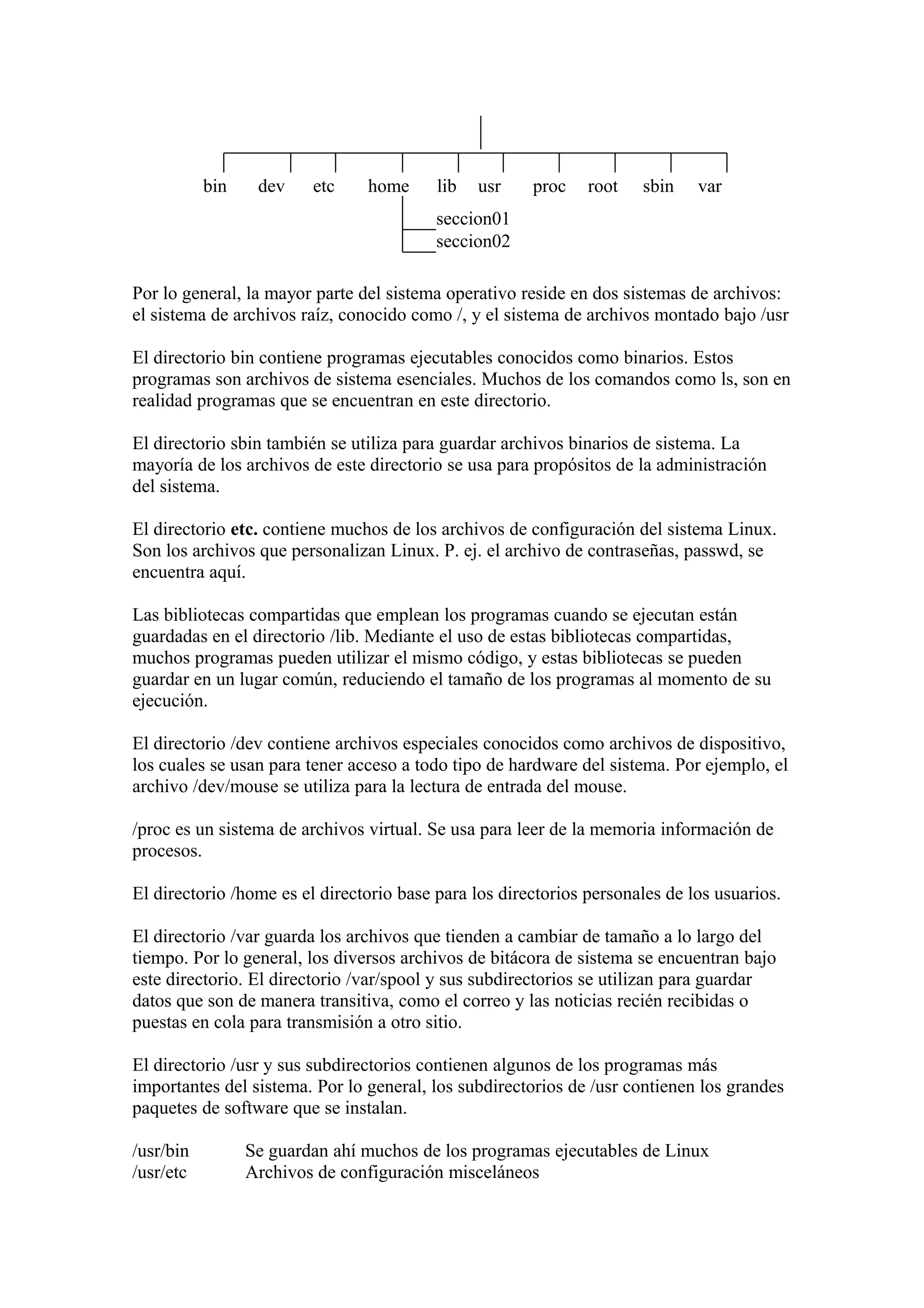 bin dev etc home lib usr proc root sbin var
Por lo general, la mayor parte del sistema operativo reside en dos sistemas de archivos:
el sistema de archivos raíz, conocido como /, y el sistema de archivos montado bajo /usr
El directorio bin contiene programas ejecutables conocidos como binarios. Estos
programas son archivos de sistema esenciales. Muchos de los comandos como ls, son en
realidad programas que se encuentran en este directorio.
El directorio sbin también se utiliza para guardar archivos binarios de sistema. La
mayoría de los archivos de este directorio se usa para propósitos de la administración
del sistema.
El directorio etc. contiene muchos de los archivos de configuración del sistema Linux.
Son los archivos que personalizan Linux. P. ej. el archivo de contraseñas, passwd, se
encuentra aquí.
Las bibliotecas compartidas que emplean los programas cuando se ejecutan están
guardadas en el directorio /lib. Mediante el uso de estas bibliotecas compartidas,
muchos programas pueden utilizar el mismo código, y estas bibliotecas se pueden
guardar en un lugar común, reduciendo el tamaño de los programas al momento de su
ejecución.
El directorio /dev contiene archivos especiales conocidos como archivos de dispositivo,
los cuales se usan para tener acceso a todo tipo de hardware del sistema. Por ejemplo, el
archivo /dev/mouse se utiliza para la lectura de entrada del mouse.
/proc es un sistema de archivos virtual. Se usa para leer de la memoria información de
procesos.
El directorio /home es el directorio base para los directorios personales de los usuarios.
El directorio /var guarda los archivos que tienden a cambiar de tamaño a lo largo del
tiempo. Por lo general, los diversos archivos de bitácora de sistema se encuentran bajo
este directorio. El directorio /var/spool y sus subdirectorios se utilizan para guardar
datos que son de manera transitiva, como el correo y las noticias recién recibidas o
puestas en cola para transmisión a otro sitio.
El directorio /usr y sus subdirectorios contienen algunos de los programas más
importantes del sistema. Por lo general, los subdirectorios de /usr contienen los grandes
paquetes de software que se instalan.
/usr/bin Se guardan ahí muchos de los programas ejecutables de Linux
/usr/etc Archivos de configuración misceláneos
seccion01
seccion02
 