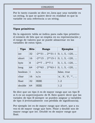 COMANDOS
Por lo tanto cuando se dice en Java que una variable es
un string, lo que se quiere decir en realidad es que la
variable es una referencia a un string.
Tipos primitivos
En la siguiente tabla se indica para cada tipo primitivo
el número de bits que se emplea en su representación y
el rango de valores que se puede almacenar en las
variables de estos tipos.
Tipo Bits Rango Ejemplos
int 32 -2**31 .. 2**31-1 0, 1, 5, -120, ...
short 16 -2**15 .. 2**15-1 0, 1, 5, -120, ...
byte 8 -2**7 .. 2**7-1 0, 1, 5, -120, ...
long 64 -2**63 .. 2**63-1 0, 1, 5, -120, ...
boolean 1 n/a false, true
char 16 n/a 'a', 'A', '0', '*', ...
float 32 IEEE 1.2
double 64 IEEE 1.2
Se dice que un tipo A es de mayor rango que un tipo B
si A es un superconjunto de B. Esto quiere decir que las
variales de tipo B siempre se pueden asignar a variables
de tipo A (eventualmente con pérdida de significancia).
Por ejemplo int es de mayor rango que short, que a su
vez es de mayor rango que byte. Float y double son de
mayor rango que int. Double es de mayor rango que
float.
 