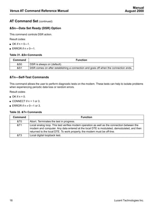 Manual
Venus AT Command Reference Manual                                                                 August 2000


AT Command Set (continued)

&Sn—Data Set Ready (DSR) Option

This command controls DSR action.
Result codes:
s   OK if n = 0—1.
s   ERROR if n ≠ 0—1.

Table 31. &Sn Commands
     Command                                              Function
        &S0          DSR is always on (default).
        &S1          DSR comes on after establishing a connection and goes off when the connection ends.


&Tn—Self-Test Commands

This command allows the user to perform diagnostic tests on the modem. These tests can help to isolate problems
when experiencing periodic data loss or random errors.
Result codes:
s   OK if n = 0.
s   CONNECT if n = 1 or 3.
s   ERROR if n ≠ 0—1 or 3.

Table 32. &Tn Commands
     Command                                                  Function
        &T0          Abort. Terminates the test in progress.
        &T1          Local analog loop. This test verifies modem operation as well as the connection between the
                     modem and computer. Any data entered at the local DTE is modulated, demodulated, and then
                     returned to the local DTE. To work properly, the modem must be off-line.
        &T3          Local digital loopback test.




16                                                                                       Lucent Technologies Inc.
 