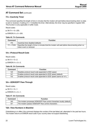 Manual
Venus AT Command Reference Manual                                                                      August 2000


AT Command Set (continued)

Tn—Inactivity Timer

This command specifies the length of time in minutes that the modem will wait before disconnecting when no data
is sent or received. A setting of n = 0 disables the timer. Alternatively, this timer may be specified in register S30.
This function is only applicable in buffer mode.
Result codes:
s   OK if n = 0—255.
s   ERROR if n ≠ 0—255.

Table 45. Tn Commands
     Command                                                    Function
        T0          Inactivity timer disabled (default).
     T1—T255       Specifies the length of time in minutes that the modem will wait before disconnecting when no
                     data is sent or received.


Vn—Protocol Result Code

Result codes:
s   OK if n = 0—2.
s   ERROR if n ≠ 0—2.

Table 46. Vn Commands
     Command                                       Function
        V0          Disables protocol result code appended to DCE speed.
        V1          Enables protocol result code appended to DCE speed (default).
        V2          Enables protocol result code appended to DCE speed (same as V1).


Xn—XON/XOFF Pass Through

Result codes:
s   OK if n = 0—1.
s   ERROR if n ≠ 0—1.

Table 47. Xn Commands
     Command                                         Function
        X0          The modem processes XON/XOFF flow control characters locally (default).
        X1          The modem passes XON/XOFF flow control characters.

%B—View Numbers in Blacklist

If blacklisting is in effect, this command displays the number of the last failed call, attempted in the past two hours.
The modem returns an ERROR result code if your country does not support blacklisting.



22                                                                                            Lucent Technologies Inc.
 