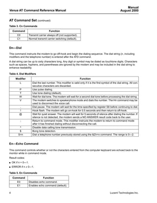 Manual
Venus AT Command Reference Manual                                                                             August 2000


AT Command Set (continued)
Table 3. Cn Commands
    Command                             Function
        C0           Transmit carrier always off (not supported).
        C1           Normal transmit carrier switching (default).


Dn—Dial

This command instructs the modem to go off-hook and begin the dialing sequence. The dial string (n, including
modifiers and the telephone number) is entered after the ATD command.
A dial string can be up to sixty characters long. Any digit or symbol may be dialed as touchtone digits. Characters
such as spaces, hyphens, and parentheses are ignored by the modem and may be included in the dial string to
enhance readability.

Table 4. Dial Modifiers
       Modifier                                                       Function
          L             Dial the last number. This modifier is valid only if it is the first symbol of the dial string. All con-
                        secutive characters are discarded.
          P             Use pulse dialing.
          T             Use tone dialing (default).
          W             Wait for dial tone. The modem will wait for a second dial tone before processing the dial string.
          V             The modem switches to speakerphone mode and dials the number. The Hn command may be
                        used to disconnect the voice call.
          ,             Dial pause. The modem will wait for the time specified by register S8 before continuing to dial.
          !             Hook flash. The modem will go on-hook for 0.5 seconds and then return to off-hook.
          @             Wait for quiet answer. The modem will wait for 5 seconds of silence after dialing the number. If
                        silence is not detected, the modem sends a NO ANSWER result code back to the user.
           ;            Return to command mode. This modifier instructs the modem to return to command mode
                        after it has finished dialing without disconnecting the call.
          ^             Disable data calling tone transmission.
          $             Bong tone detection.
         S=n            Dial a telephone number previously stored using the &Zn=x command. The range is 0—2.


En—Echo Command

This command controls whether or not the characters entered from the computer keyboard are echoed back to the
monitor while in command mode.
Result codes:
s   OK if n = 0—1.
s   ERROR if n ≠ 0—1.

Table 5. En Commands
    Command                       Function
        E0           Disables echo command.
        E1           Enables echo command (default).

4                                                                                                   Lucent Technologies Inc.
 