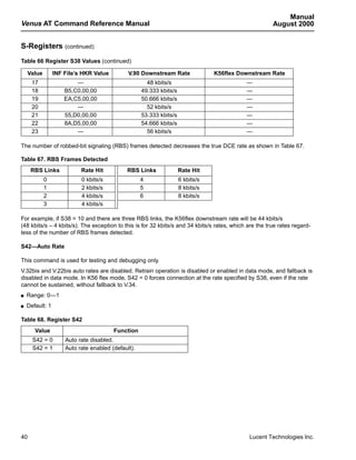 Manual
Venus AT Command Reference Manual                                                                       August 2000


S-Registers (continued)
Table 66 Register S38 Values (continued)

    Value        INF File’s HKR Value         V.90 Downstream Rate               K56flex Downstream Rate
      17                 —                            48 kbits/s                             —
      18             B5,C0,00,00                    49.333 kbits/s                           —
      19             EA,C5,00,00                    50.666 kbits/s                           —
      20                 —                            52 kbits/s                             —
      21             55,D0,00,00                    53.333 kbits/s                           —
      22             8A,D5,00,00                    54.666 kbits/s                           —
      23                 —                            56 kbits/s                             —

The number of robbed-bit signaling (RBS) frames detected decreases the true DCE rate as shown in Table 67.

Table 67. RBS Frames Detected
     RBS Links             Rate Hit          RBS Links               Rate Hit
            0              0 kbits/s                4                6 kbits/s
            1              2 kbits/s                5                8 kbits/s
            2              4 kbits/s                6                8 kbits/s
            3              4 kbits/s

For example, if S38 = 10 and there are three RBS links, the K56flex downstream rate will be 44 kbits/s
(48 kbits/s – 4 kbits/s). The exception to this is for 32 kbits/s and 34 kbits/s rates, which are the true rates regard-
less of the number of RBS frames detected.

S42—Auto Rate

This command is used for testing and debugging only.
V.32bis and V.22bis auto rates are disabled. Retrain operation is disabled or enabled in data mode, and fallback is
disabled in data mode. In K56 flex mode, S42 = 0 forces connection at the rate specified by S38, even if the rate
cannot be sustained, without fallback to V.34.
s   Range: 0—1
s   Default: 1

Table 68. Register S42
       Value                            Function
      S42 = 0        Auto rate disabled.
      S42 = 1        Auto rate enabled (default).




40                                                                                            Lucent Technologies Inc.
 