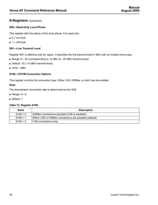 Manual
Venus AT Command Reference Manual                                                                     August 2000


S-Registers (continued)
S90—Read-Only Local Phone

This register tells the status of the local phone. It is read-only.
s   0 = on-hook.
s   1 = off-hook.

S91—Line Transmit Level

Register S91 is effective only for Japan. It specifies the line transmit level in dBm with an implied minus sign.
s   Range: 6—25 (corresponding to –6 dBm to –25 dBm transmit level)
s   Default: 10 (–10 dBm transmit level)
s   Units: –dBm

S109—V.PCM Connection Options

This register controls the connection type. Either V.90, K56flex, or both may be enabled.
Note:
The downstream connection rate is determined by the S38.
s   Range: 0—2
s   Default: 1

Table 72. Register S109
         Value                                                    Description
       S109 = 0       K56flex connections possible (V.90 is disabled).
       S109 = 1       Either V.90 or K56flex connections are possible (default).
       S109 = 2       V.90 connections only.




42                                                                                           Lucent Technologies Inc.
 