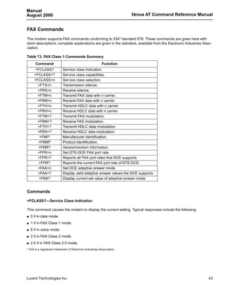 Manual
August 2000                                                             Venus AT Command Reference Manual


FAX Commands
The modem supports FAX commands conforming to EIA* standard 578. These commands are given here with
short descriptions; complete explanations are given in the standard, available from the Electronic Industries Asso-
ciation.

Table 73. FAX Class 1 Commands Summary
       Command                                            Function
       +FCLASS?             Service class indication.
      +FCLASS=?             Service class capabilities.
      +FCLASS=n             Service class selection.
        +FTS=n              Transmission silence.
        +FRS=n              Receive silence.
        +FTM=n              Transmit FAX data with n carrier.
        +FRM=n              Receive FAX data with n carrier.
        +FTH=n              Transmit HDLC data with n carrier.
        +FRH=n              Receive HDLC data with n carrier.
        +FTM=?              Transmit FAX modulation.
        +FRM=?              Receive FAX modulation.
        +FTH=?              Transmit HDLC data modulation.
        +FRH=?              Receive HDLC data modulation.
         +FMI?              Manufacturer identification.
        +FMM?               Product identification.
        +FMR?               Version/revision information.
        +FPR=n              Set DTE-DCE FAX port rate.
        +FPR=?              Reports all FAX port rates that DCE supports.
         +FPR?              Reports the current FAX port rate of DTE-DCE.
        +FAA=n              Set DCE adaptive answer mode.
        +FAA=?              Display valid adaptive answer values the DCE supports.
         +FAA?              Display current set value of adaptive answer mode.


Commands

+FCLASS?—Service Class Indication

This command causes the modem to display the current setting. Typical responses include the following:
s   0 if in data mode.
s   1 if in FAX Class 1 mode.
s   8 if in voice mode.
s   2 if in FAX Class 2 mode.
s   2.0 if in FAX Class 2.0 mode.
* EIA is a registered trademark of Electronic Industries Association.




Lucent Technologies Inc.                                                                                         43
 