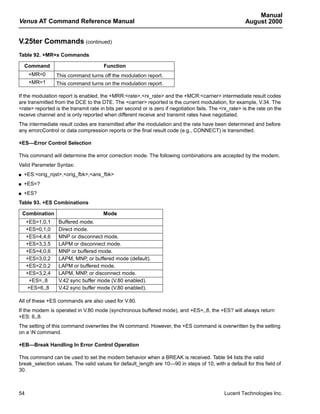 Manual
Venus AT Command Reference Manual                                                                       August 2000


V.25ter Commands (continued)
Table 92. +MR=x Commands

    Command                            Function
      +MR=0       This command turns off the modulation report.
      +MR=1       This command turns on the modulation report.

If the modulation report is enabled, the +MRR:<rate>,<rx_rate> and the +MCR:<carrier> intermediate result codes
are transmitted from the DCE to the DTE. The <carrier> reported is the current modulation, for example, V.34. The
<rate> reported is the transmit rate in bits per second or is zero if negotiation fails. The <rx_rate> is the rate on the
receive channel and is only reported when different receive and transmit rates have negotiated.
The intermediate result codes are transmitted after the modulation and the rate have been determined and before
any errorcControl or data compression reports or the final result code (e.g., CONNECT) is transmitted.

+ES—Error Control Selection

This command will determine the error correction mode. The following combinations are accepted by the modem.
Valid Parameter Syntax:
s   +ES:<orig_rqst>,<orig_fbk>,<ans_fbk>
s   +ES=?
s   +ES?
Table 93. +ES Combinations

    Combination                       Mode
     +ES=1,0,1    Buffered mode.
     +ES=0,1,0    Direct mode.
     +ES=4,4,6    MNP or disconnect mode.
     +ES=3,3,5    LAPM or disconnect mode.
     +ES=4,0,6    MNP or buffered mode.
     +ES=3,0,2    LAPM, MNP, or buffered mode (default).
     +ES=2,0,2    LAPM or buffered mode.
     +ES=3,2,4    LAPM, MNP, or disconnect mode.
      +ES=,,8     V.42 sync buffer mode (V.80 enabled).
     +ES=6,,8     V.42 sync buffer mode (V.80 enabled).

All of these +ES commands are also used for V.80.
If the modem is operated in V.80 mode (synchronous buffered mode), and +ES=,,8, the +ES? will always return
+ES: 6,,8.
The setting of this command overwrites the N command. However, the +ES command is overwritten by the setting
on a N command.

+EB—Break Handling In Error Control Operation

This command can be used to set the modem behavior when a BREAK is received. Table 94 lists the valid
break_selection values. The valid values for default_length are 10—90 in steps of 10, with a default for this field of
30.



54                                                                                            Lucent Technologies Inc.
 