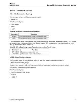Manual
August 2000                                                     Venus AT Command Reference Manual


V.25ter Commands (continued)
+DR—Data Compression Reporting

This command will turn on/off the compression report.
s   Range: 0—1
Valid Parameter Syntax:
s   +DR=<value>
s   +DR?
s   +DR=?
Table 98. DR=x Data Compression Report Value

    Command                            Function
     +DR=0        This command turns off the compression report.
     +DR=1        This command turns on the compression report.

If the compression report is enabled, the +DR:<type> intermediate result code, reports the current DCE-DCE data
compression type. It is issued after the Error Control Report (+ER) and before the final result code (e.g., CON-
NECT). The format is shown in Table 99.
Table 99. +DR=x Data Compression Reporting Intermediate Result Codes

     Command                             Function
    +DR: NONE       Data compression not in use.
    +DR: V42B       V.42 bis is in use in both directions.

+ATSO—Store Telephone Number

This command stores up to three dialing strings for later use. The format for the command is:
+ATSO=<location>,<dial_string>
<location> is a value of 0 to 2, which represents the three locations where the number may be written.
<dial_string> is the dialing string to be stored.
Valid Parameter Syntax:
s   +ATSO=<location>,<dial_string>
s   +ATSO?
s   +ATSO=?




Lucent Technologies Inc.                                                                                      57
 