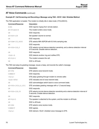 Manual
Venus AT Command Reference Manual                                                                 August 2000


AT Voice Commands (continued)
Example #7: Call Screening and Recording a Message using TAD—IS101 <dle> Shielded Method

The TAD application is loaded. The modem is initially idle in data mode (+FCLASS=0).
     Command/Response          Description
     RING                      DCE reports ringing from remote station.
     AT+FCLASS=8               The modem enters voice mode.
     OK                        DCE responds.
     AT+VGT=128                Set speaker volume to normal.
     OK                        DCE responds.
     AT+VSM=132,8000           DTE selects IMA ADPCM with 8.0 kHz sampling rate.
     OK                        DCE responds.
     AT+VSD=128,0              DTE selects normal silence detection sensitivity, and a silence detection interval
                               of 0 seconds. Disable silence detection.
     OK                        DCE responds.
     <DLE>-R                   DCE detects another ring and notifies DTE.
     AT+VLS=1                  The modem answers the call.
     OK                        DCE is off-hook.

The TAD next plays its greeting message, issues a beep, and records the caller's message.
     Command/Response          Description
     AT+VTX                    DTE selects voice transmit mode.
     CONNECT                   DCE responds.
     <Data>                    DTE plays greeting through modem to remote caller.
     <DLE><ETX>                DTE indicates end of voice transmit data.
     OK                        DCE acknowledges switch back to voice command state.
     AT+VTS=[933,0,120]        DTE annotates greeting message with a 1.2 second beep.
     OK                        DCE responds.
     AT+VSD=128,50             DTE selects normal silence detection sensitivity and a silence detection interval of
                               5 seconds. Enable silence detection.
     OK                        DEC responds.
     AT+VLS=5                  The speaker is attached to the system, and the modem is off-hook.
     OK                        DCE is off-hook.
     AT+VRX                    DTE selects voice receive mode.
     CONNECT                   DCE agrees.
     <Data>                    DCE delivers <DLE> shielded voice message to DTE.




76                                                                                       Lucent Technologies Inc.
 