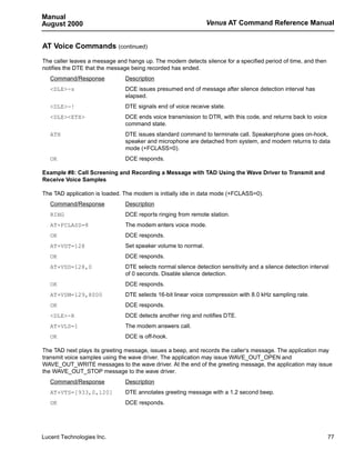 Manual
August 2000                                                    Venus AT Command Reference Manual


AT Voice Commands (continued)
The caller leaves a message and hangs up. The modem detects silence for a specified period of time, and then
notifies the DTE that the message being recorded has ended.
   Command/Response            Description
   <DLE>-s                     DCE issues presumed end of message after silence detection interval has
                               elapsed.
   <DLE>-!                     DTE signals end of voice receive state.
   <DLE><ETX>                  DCE ends voice transmission to DTR, with this code, and returns back to voice
                               command state.
   ATH                         DTE issues standard command to terminate call. Speakerphone goes on-hook,
                               speaker and microphone are detached from system, and modem returns to data
                               mode (+FCLASS=0).
   OK                          DCE responds.

Example #8: Call Screening and Recording a Message with TAD Using the Wave Driver to Transmit and
Receive Voice Samples

The TAD application is loaded. The modem is initially idle in data mode (+FCLASS=0).
   Command/Response            Description
   RING                        DCE reports ringing from remote station.
   AT+FCLASS=8                 The modem enters voice mode.
   OK                          DCE responds.
   AT+VGT=128                  Set speaker volume to normal.
   OK                          DCE responds.
   AT+VSD=128,0                DTE selects normal silence detection sensitivity and a silence detection interval
                               of 0 seconds. Disable silence detection.
   OK                          DCE responds.
   AT+VSM=129,8000             DTE selects 16-bit linear voice compression with 8.0 kHz sampling rate.
   OK                          DCE responds.
   <DLE>-R                     DCE detects another ring and notifies DTE.
   AT+VLS=1                    The modem answers call.
   OK                          DCE is off-hook.

The TAD next plays its greeting message, issues a beep, and records the caller’s message. The application may
transmit voice samples using the wave driver. The application may issue WAVE_OUT_OPEN and
WAVE_OUT_WRITE messages to the wave driver. At the end of the greeting message, the application may issue
the WAVE_OUT_STOP message to the wave driver.
   Command/Response            Description
   AT+VTS=[933,0,120]          DTE annotates greeting message with a 1.2 second beep.
   OK                          DCE responds.




Lucent Technologies Inc.                                                                                       77
 