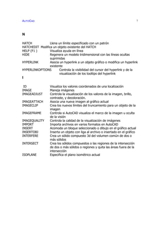 AUTOCAD 7
N
HATCH Llena un límite especificado con un patrón
HATCHEDIT Modifica un objeto existente del HATCH
HELP (F1 ) Visualiza ayuda en línea
HIDE Regenera un modelo tridimensional con las líneas ocultas
suprimidas
HYPERLINK Asocia un hyperlink a un objeto gráfico o modifica un hyperlink
existente
HYPERLINKOPTIONS Controla la visibilidad del cursor del hyperlink y de la
visualización de los tooltips del hyperlink
I
ID Visualiza los valores coordenados de una localización
IMAGE Maneja imágenes
IMAGEADJUST Controla la visualización de los valores de la imagen, brillo,
contraste, y decoloración.
IMAGEATTACH Asocia una nueva imagen al gráfico actual
IMAGECLIP Crea los nuevos límites del truncamiento para un objeto de la
imagen
IMAGEFRAME Controla si AutoCAD visualiza el marco de la imagen u oculta
de la visión
IMAGEQUALITY Controla la calidad de la visualización de imágenes
IMPORT Importa archivos en varios formatos en AutoCAD
INSERT Acomoda un bloque seleccionado o dibujo en el gráfico actual
INSERTOBJ Inserta un objeto con liga al archivo o insertado en el gráfico
INTERFERE Crea un sólido compuesto 3d del volumen común de dos o
más sólidos
INTERSECT Crea los sólidos compuestos o las regiones de la intersección
de dos o más sólidos o regiones y quita las áreas fuera de la
intersección
ISOPLANE Especifica el plano isométrico actual
 