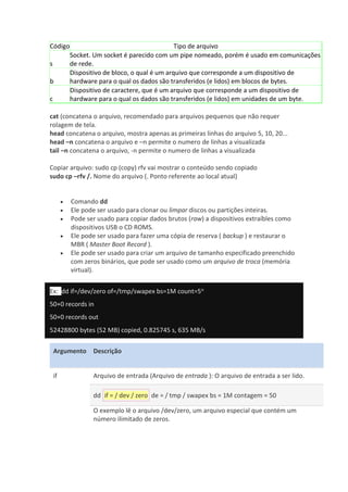 Código Tipo de arquivo
s
Socket. Um socket é parecido com um pipe nomeado, porém é usado em comunicações
de rede.
b
Dispositivo de bloco, o qual é um arquivo que corresponde a um dispositivo de
hardware para o qual os dados são transferidos (e lidos) em blocos de bytes.
c
Dispositivo de caractere, que é um arquivo que corresponde a um dispositivo de
hardware para o qual os dados são transferidos (e lidos) em unidades de um byte.
cat (concatena o arquivo, recomendado para arquivos pequenos que não requer
rolagem de tela.
head concatena o arquivo, mostra apenas as primeiras linhas do arquivo 5, 10, 20...
head –n concatena o arquivo e –n permite o numero de linhas a visualizada
tail –n concatena o arquivo, -n permite o numero de linhas a visualizada
Copiar arquivo: sudo cp (copy) rfv vai mostrar o conteúdo sendo copiado
sudo cp –rfv /. Nome do arquivo (. Ponto referente ao local atual)
 Comando dd
 Ele pode ser usado para clonar ou limpar discos ou partições inteiras.
 Pode ser usado para copiar dados brutos (raw) a dispositivos extraíbles como
dispositivos USB o CD ROMS.
 Ele pode ser usado para fazer uma cópia de reserva ( backup ) e restaurar o
MBR ( Master Boot Record ).
 Ele pode ser usado para criar um arquivo de tamanho especificado preenchido
com zeros binários, que pode ser usado como um arquivo de troca (memória
virtual).
Ex: dd if=/dev/zero of=/tmp/swapex bs=1M count=5o
50+0 records in
50+0 records out
52428800 bytes (52 MB) copied, 0.825745 s, 635 MB/s
Argumento Descrição
if Arquivo de entrada (Arquivo de entrada ): O arquivo de entrada a ser lido.
dd if = / dev / zero de = / tmp / swapex bs = 1M contagem = 50
O exemplo lê o arquivo /dev/zero, um arquivo especial que contém um
número ilimitado de zeros.
 