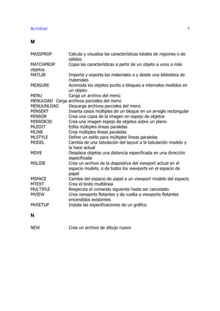 AUTOCAD 9
M
MASSPROP Calcula y visualiza las características totales de regiones o de
sólidos
MATCHPROP Copia las características a partir de un objeto a unos o más
objetos
MATLIB Importa y exporta los materiales a y desde una biblioteca de
materiales
MEASURE Acomoda los objetos punto o bloques a intervalos medidos en
un objeto
MENU Carga un archivo del menú
MENULOAD Carga archivos parciales del menú
MENUUNLOAD Descarga archivos parciales del menú
MINSERT Inserta casos múltiples de un bloque en un arreglo rectangular
MIRROR Crea una copia de la imagen en espejo de objetos
MIRROR3D Crea una imagen espejo de objetos sobre un plano
MLEDIT Edita múltiples líneas paralelas
MLINE Crea múltiples líneas paralelas
MLSTYLE Define un estilo para múltiples líneas paralelas
MODEL Cambia de una tabulación del layout a la tabulación modelo y
la hace actual
MOVE Desplaza objetos una distancia especificada en una dirección
especificada
MSLIDE Crea un archivo de la diapositiva del viewport actual en el
espacio modelo, o de todos los viewports en el espacio de
papel
MSPACE Cambia del espacio de papel a un viewport modelo del espacio
MTEXT Crea el texto multilínea
MULTIPLE Reejecuta el comando siguiente hasta ser cancelado
MVIEW Crea viewports flotantes y da vuelta a viewports flotantes
encendidos existentes
MVSETUP Instala las especificaciones de un gráfico
N
NEW Crea un archivo de dibujo nuevo
 