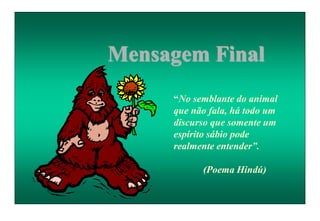 “No semblante do animal
que não fala, há todo um
discurso que somente um
espírito sábio pode
realmente entender”.
(Poema Hindú)
Mensagem Final
 