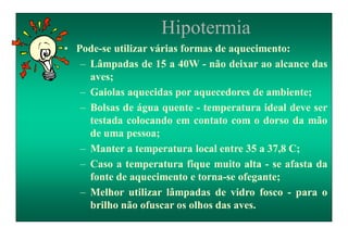 Hipotermia
• Pode-se utilizar várias formas de aquecimento:
– Lâmpadas de 15 a 40W - não deixar ao alcance das
aves;
– Gaiolas aquecidas por aquecedores de ambiente;
– Bolsas de água quente - temperatura ideal deve ser
testada colocando em contato com o dorso da mão
de uma pessoa;
– Manter a temperatura local entre 35 a 37,8 C;
– Caso a temperatura fique muito alta - se afasta da
fonte de aquecimento e torna-se ofegante;
– Melhor utilizar lâmpadas de vidro fosco - para o
brilho não ofuscar os olhos das aves.
 