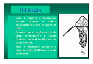 Utilização
– Para a captura e medicação,
deve-se ensacar o animal
pressionando o aro do puçá no
chão;
– Provocar uma rotação na rede do
puçá, levantando-o a seguir,
ficando o animal contido na sua
parte inferior;
– Para a liberação, coloca-se o
puçá no chão, facilitando a saída
do animal.
 