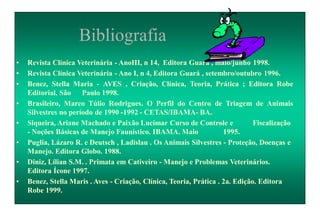 Bibliografia
• Revista Clínica Veterinária - AnoIII, n 14, Editora Guará , maio/junho 1998.
• Revista Clínica Veterinária - Ano I, n 4, Editora Guará , setembro/outubro 1996.
• Benez, Stella Maria - AVES , Criação, Clínica, Teoria, Prática ; Editora Robe
Editorial, São Paulo 1998.
• Brasileiro, Marco Túlio Rodrigues. O Perfil do Centro de Triagem de Animais
Silvestres no período de 1990 -1992 - CETAS/IBAMA- BA.
• Siqueira, Ariane Machado e Paixão Lucimar Curso de Controle e Fiscalização
- Noções Básicas de Manejo Faunístico. IBAMA. Maio 1995.
• Puglia, Lázaro R. e Deutsch , Ladislau . Os Animais Silvestres - Proteção, Doenças e
Manejo. Editora Globo. 1988.
• Diniz, Lílian S.M. . Primata em Cativeiro - Manejo e Problemas Veterinários.
Editora Ícone 1997.
• Benez, Stella Maris . Aves - Criação, Clínica, Teoria, Prática . 2a. Edição. Editora
Robe 1999.
 