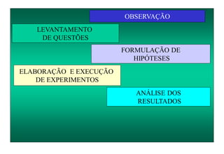 OBSERVAÇÃO
LEVANTAMENTO
DE QUESTÕES
FORMULAÇÃO DE
HIPÓTESES
ELABORAÇÃO E EXECUÇÃO
DE EXPERIMENTOS
ANÁLISE DOS
RESULTADOS
 