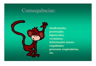 desidratação;
prostração;
hipotermia;
verminose;
deformações ósseas -
raquitismo;
processos respiratórios,
etc.
Consequências:
 