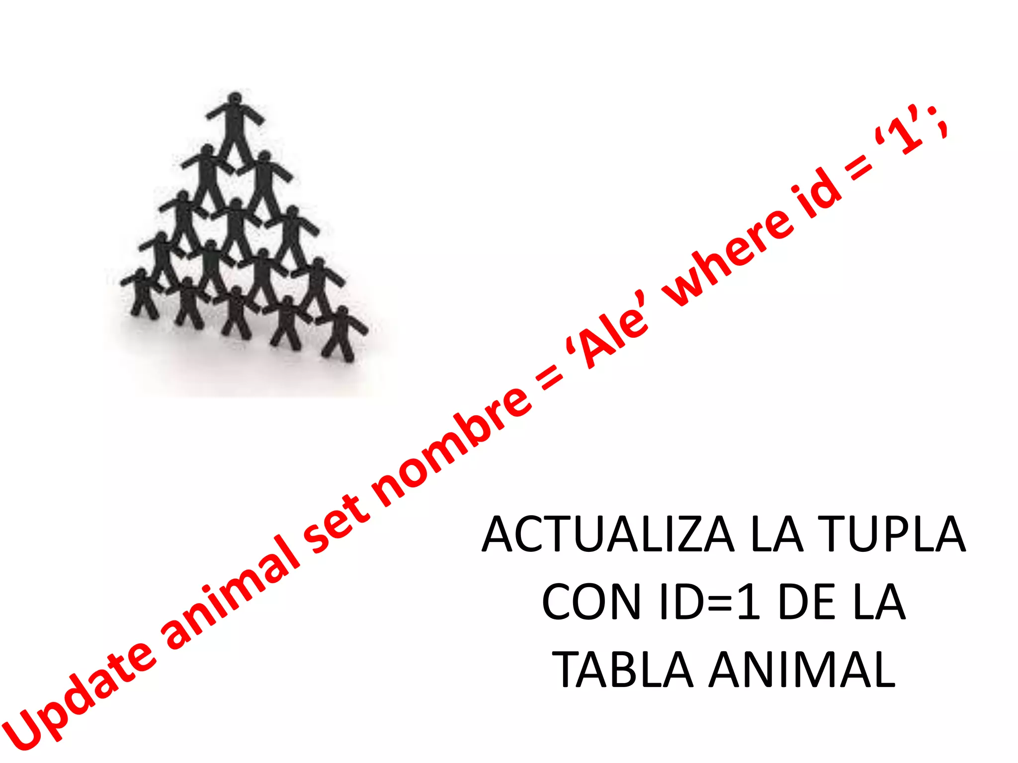 Updateanimal set nombre = ‘Ale’ where id = ‘1’; ACTUALIZA LA TUPLA CON ID=1 DE LA TABLA ANIMAL