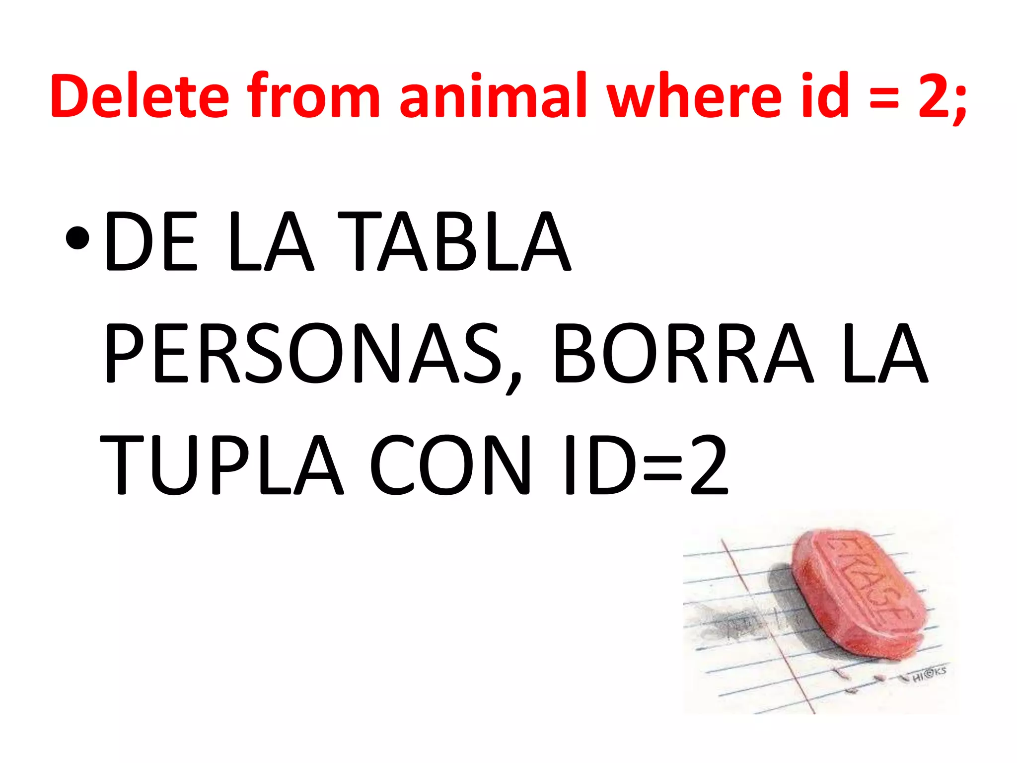 Deletefromanimal where id = 2; DE LA TABLA PERSONAS, BORRA LA TUPLA CON ID=2