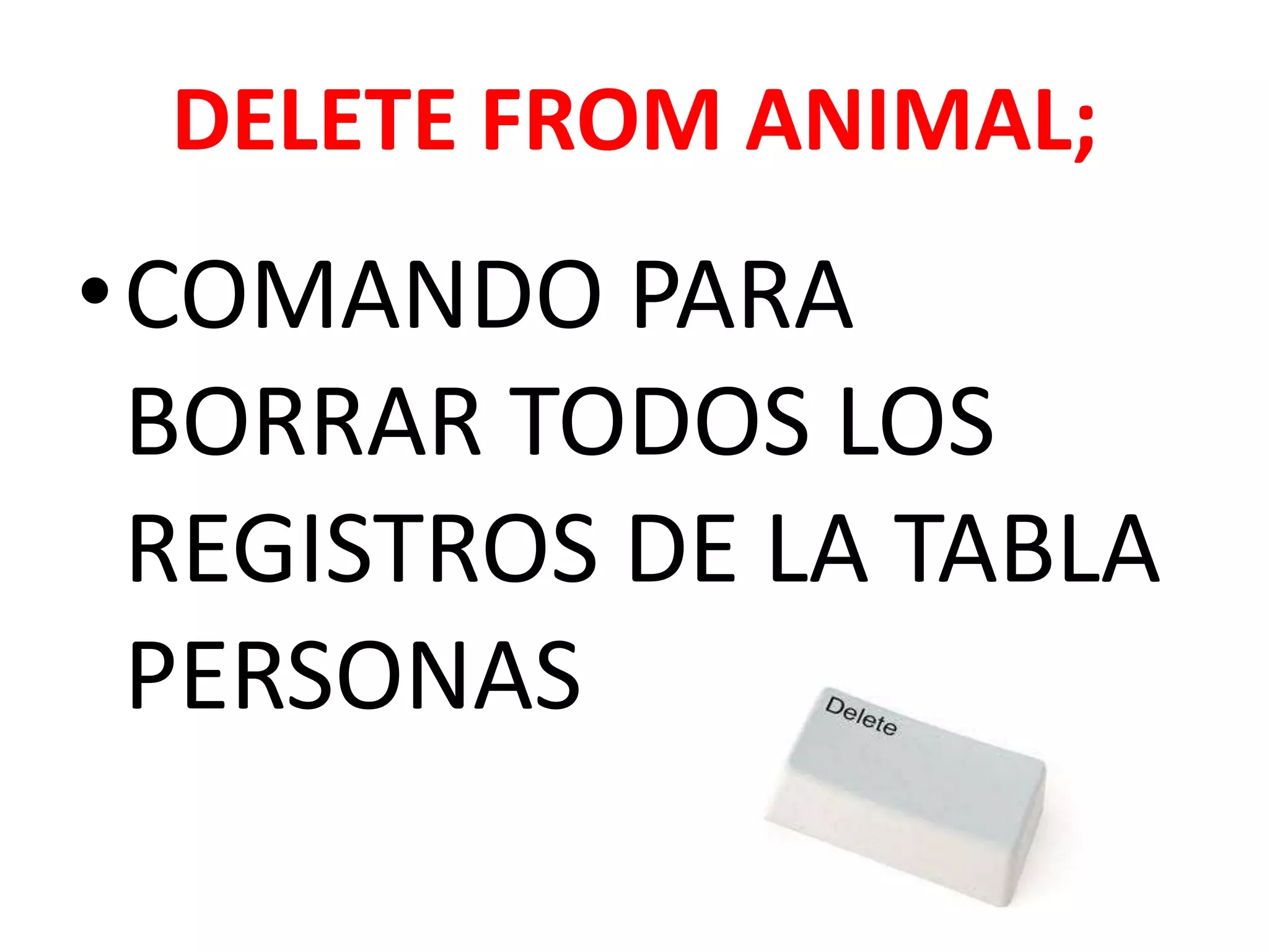 DELETEFROMANIMAL; COMANDO PARA BORRAR TODOS LOS REGISTROS DE LA TABLA PERSONAS