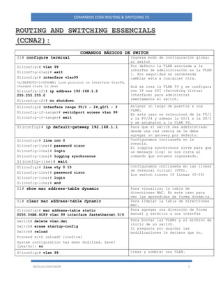 NICOLAS CONTADOR 5
COMANDOS CCNA ROUTING & SWITCHING V5
COMANDOS BÁSICOS DE SWITCH
S1# configure terminal Ingresa modo de configuración global
al switch
S1(config)# vlan 99
S1(config-vlan)# exit
S1(config)# interface vlan99
%LINEPROTO-5-UPDOWN: Line protocol on Interface Vlan99,
changed state to down
S1(config-if)# ip address 192.168.1.2
255.255.255.0
S1(config-if)# no shutdown
Por defecto la VLAN asociada a la
interfaz de administración es la VLAN
1. Por seguridad se recomienda
cambiar esta a cualquier otra.
Acá se crea la VLAN 99 y se configura
con IP una SVI (Switching Virtual
Interface) para administrar
remotamente el switch.
S1(config)# interface range f0/1 – 24,g0/1 - 2
S1(config-if-range)# switchport access vlan 99
S1(config-if-range)# exit
Asignar un rango de puertos a una
VLAN.
En este caso se seleccionó de la F0/1
a la F0/24 y además la G0/1 a la G0/2
y se asignaron a la VLAN 99.
S1(config)# ip default-gateway 192.168.1.1 Para que el switch sea administrado
desde una red remota se le debe
agregar un gateway por defecto.
S1(config)# line con 0
S1(config-line)# password cisco
S1(config-line)# login
S1(config-line)# logging synchronous
S1(config-line)# exit
Configuramos contraseña en la
consola.
El logging synchronous sirve para que
un mensaje (log) no nos corte el
comando que estamos ingresando.
S1(config)# line vty 0 15
S1(config-line)# password cisco
S1(config-line)# login
S1(config-line)# end
Configuramos contraseña en las líneas
de terminal virtual (VTY).
Los switch tienen 16 líneas (0-15)
S1# show mac address-table dynamic Para visualizar la tabla de
direcciones MAC. En este caso para
ver las aprendidas de forma dinámica.
S1# clear mac address-table dynamic Para limpiar la tabla de direcciones
MAC.
S1(config)# mac address-table static
0050.56BE.6C89 vlan 99 interface fastethernet 0/6
Para agregar una dirección de forma
manual y estática a una interfaz
Switch# delete vlan.dat
Switch# erase startup-config
Switch# reload
Proceed with reload? [confirm]
System configuration has been modified. Save?
[yes/no]: no
Para borrar las VLANs y el archivo de
inicio de un switch.
Si pregunta por guardar las
modificaciones le decimos que no.
S1(config)# vlan 99 Crear y nombrar una VLAN.
 