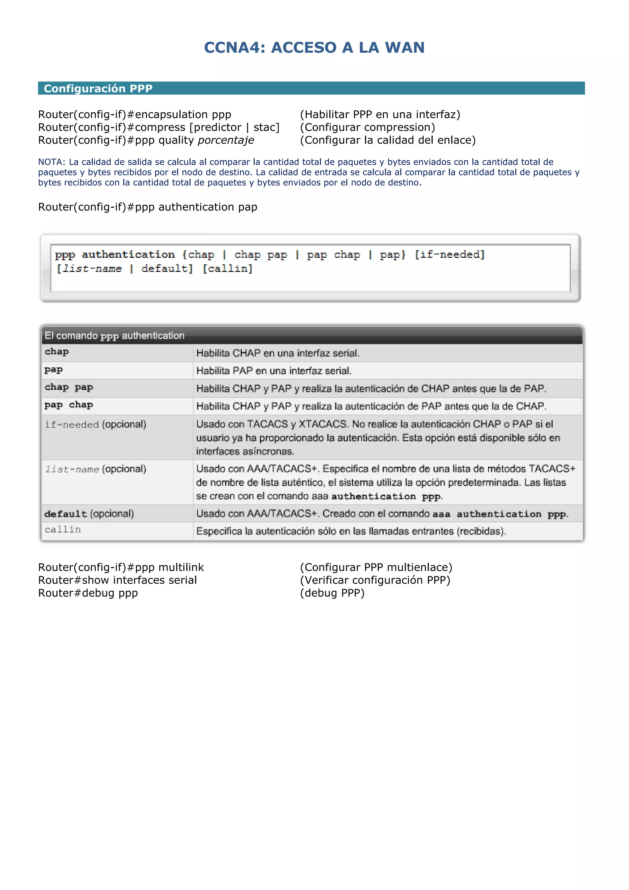 CCNA4: ACCESO A LA WAN
Configuración PPP
Router(config-if)#encapsulation ppp
Router(config-if)#compress [predictor | stac]
Router(config-if)#ppp quality porcentaje

(Habilitar PPP en una interfaz)
(Configurar compression)
(Configurar la calidad del enlace)

NOTA: La calidad de salida se calcula al comparar la cantidad total de paquetes y bytes enviados con la cantidad total de
paquetes y bytes recibidos por el nodo de destino. La calidad de entrada se calcula al comparar la cantidad total de paquetes y
bytes recibidos con la cantidad total de paquetes y bytes enviados por el nodo de destino.

Router(config-if)#ppp authentication pap

Router(config-if)#ppp multilink
Router#show interfaces serial
Router#debug ppp

(Configurar PPP multienlace)
(Verificar configuración PPP)
(debug PPP)

 
