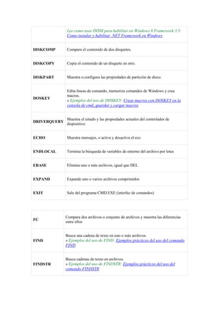 Lee como usar DISM para habilitar en Windows 8 Framework 3.5:
Como instalar y habilitar .NET Framework en Windows
DISKCOMP Compara el contenido de dos disquetes.
DISKCOPY Copia el contenido de un disquete en otro.
DISKPART Muestra o configura las propiedades de partición de disco.
DOSKEY
Edita líneas de comando, memoriza comandos de Windows y crea
macros.
« Ejemplos del uso de DOSKEY: Crear macros con DOSKEY en la
consola de cmd, guardar y cargar macros
DRIVERQUERY
Muestra el estado y las propiedades actuales del controlador de
dispositivo.
ECHO Muestra mensajes, o activa y desactiva el eco
ENDLOCAL Termina la búsqueda de variables de entorno del archivo por lotes
ERASE Elimina uno o más archivos, igual que DEL
EXPAND Expande uno o varios archivos comprimidos
EXIT Sale del programa CMD.EXE (interfaz de comandos)
FC
Compara dos archivos o conjunto de archivos y muestra las diferencias
entre ellos
FIND
Busca una cadena de texto en uno o más archivos.
« Ejemplos del uso de FIND: Ejemplos prácticos del uso del comando
FIND
FINDSTR
Busca cadenas de texto en archivos.
« Ejemplos del uso de FINDSTR: Ejemplos prácticos del uso del
comando FINDSTR
 