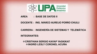 AREA : BASE DE DATOS II
DOCENTE : ING. MARCO AURELIO PORRO CHULLI
CARRERA : INGENIERÍA DE SISTEMAS Y TELEMÁTICA
INTEGRANTES:
CRISTHIAN SERGIO KAYAP YAGKIKAT
INGRID LESLY CORONEL ACUÑA
 