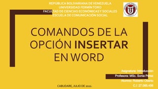 COMANDOS DE LA
OPCIÓN INSERTAR
ENWORD
REPÚBLICA BOLIVARIANA DEVENEZUELA
UNIVERSIDAD FERMÍNTORO
FACULTAD DE CIENCIAS ECONÓMICASY SOCIALES
ESCUELA DE COMUNICACIÓN SOCIAL
CABUDARE, JULIO DE 2022.
 