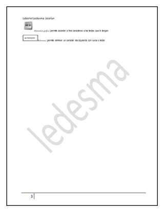 Laboriel Ledesma Jocelyn
3
Alternativo gráfico:permite acceder a tres caracteres a las teclas que lo tengan
Retroceso: permite eliminar un carácter ala izquierda con curso o lector
 