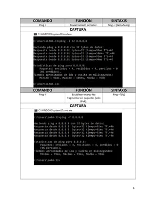 6
COMANDO FUNCIÓN SINTAXIS
Ping -l Enviar tamaño de búfer. Ping –l (tamaño)(ip)
CAPTURA
COMANDO FUNCIÓN SINTAXIS
Ping -f Establecer marca No
fragmentar en paquetes (solo
IPv4).
Ping –f (ip)
CAPTURA
 