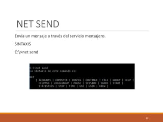 NET SEND
Envía un mensaje a través del servicio mensajero.
SINTAXIS
C:>net send
23
 