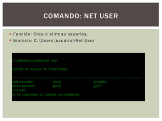  Función: Crea o elimina usuarios.
 Sintaxis: C:Usersusuario>Net User
COMANDO: NET USER
 