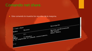 Comando net share.
 Este comando te muestra los recursos de la maquina.
 