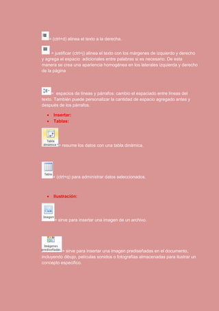 = (ctrl+d) alinea el texto a la derecha. 
= justificar (ctrl+j) alinea el texto con los márgenes de izquierdo y derecho 
y agrega el espacio adicionales entre palabras si es necesario. De esta 
manera se crea una apariencia homogénea en los laterales izquierda y derecho 
de la página 
= espacios de líneas y párrafos: cambio el espaciado entre líneas del 
texto. También puede personalizar la cantidad de espacio agregado antes y 
después de los párrafos. 
 Insertar: 
 Tablas: 
= resume los datos con una tabla dinámica. 
= (ctrl+q) para administrar datos seleccionados. 
 Ilustración: 
= sirve para insertar una imagen de un archivo. 
= sirve para insertar una imagen prediseñadas en el documento, 
incluyendo dibujo, películas sonidos o fotografías almacenadas para ilustrar un 
concepto especifico. 
 