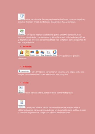= sirve para insertar formas previamente diseñadas como rectángulos y 
círculos, flechas y líneas, símbolos de diagrama de flujo y llamadas. 
= sirve para insertar un elemento grafico SmartArt para comunicar 
informar visualmente. Los elementos gráficos SmartArt incluyan listas gráficas 
y diagramas de procesos así como gráficos más complejos como diagramas de 
ven y organigrama. 
 Gráficos: 
= sirve para hacer gráficos 
diferentes. 
 Vínculos: 
= (alt+ctrl+k) sirve para crear un vínculo a una página web, una 
imagen, una dirección de correo electrónico o un programa. 
 Texto: 
= sirve para insertar cuadros de texto con formato previo. 
= sirve para insertar piezas de contenido que se pueden volver a 
utilizar incluyendo campos propiedades de un documento como es título o autor 
o cualquier fragmento de código con formato previo que cree. 
 