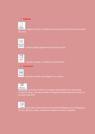  Paginas: 
= página en blanco: insertar una nueva página en blanco en la posición 
del curso. 
= inicia la página siguiente en la posición actual. 
= insertar o dibujar una tabla en el documento. 
 Ilustración: 
= sirve para insertar una imagen de un archivo. 
= sirve para insertar una imagen prediseñadas en el documento, 
incluyendo dibujo, películas sonidos o fotografías almacenadas para ilustrar un 
concepto especifico. 
= sirve para insertar formas previamente diseñadas como rectángulos y 
círculos, flechas y líneas, símbolos de diagrama de flujo y llamadas. 
 