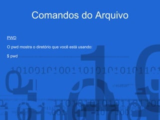 Comandos do Arquivo
PWD
O pwd mostra o diretório que você está usando:
$ pwd
 