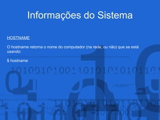 Informações do Sistema
HOSTNAME
O hostname retorna o nome do computador (na rede, ou não) que se está
usando:
$ hostname
 