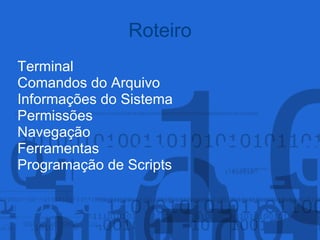 Roteiro
Terminal
Comandos do Arquivo
Informações do Sistema
Permissões
Navegação
Ferramentas
Programação de Scripts
 