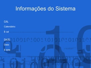 Informações do Sistema
CAL
Calendário:
$ cal
DATE
Data:
$ date
 